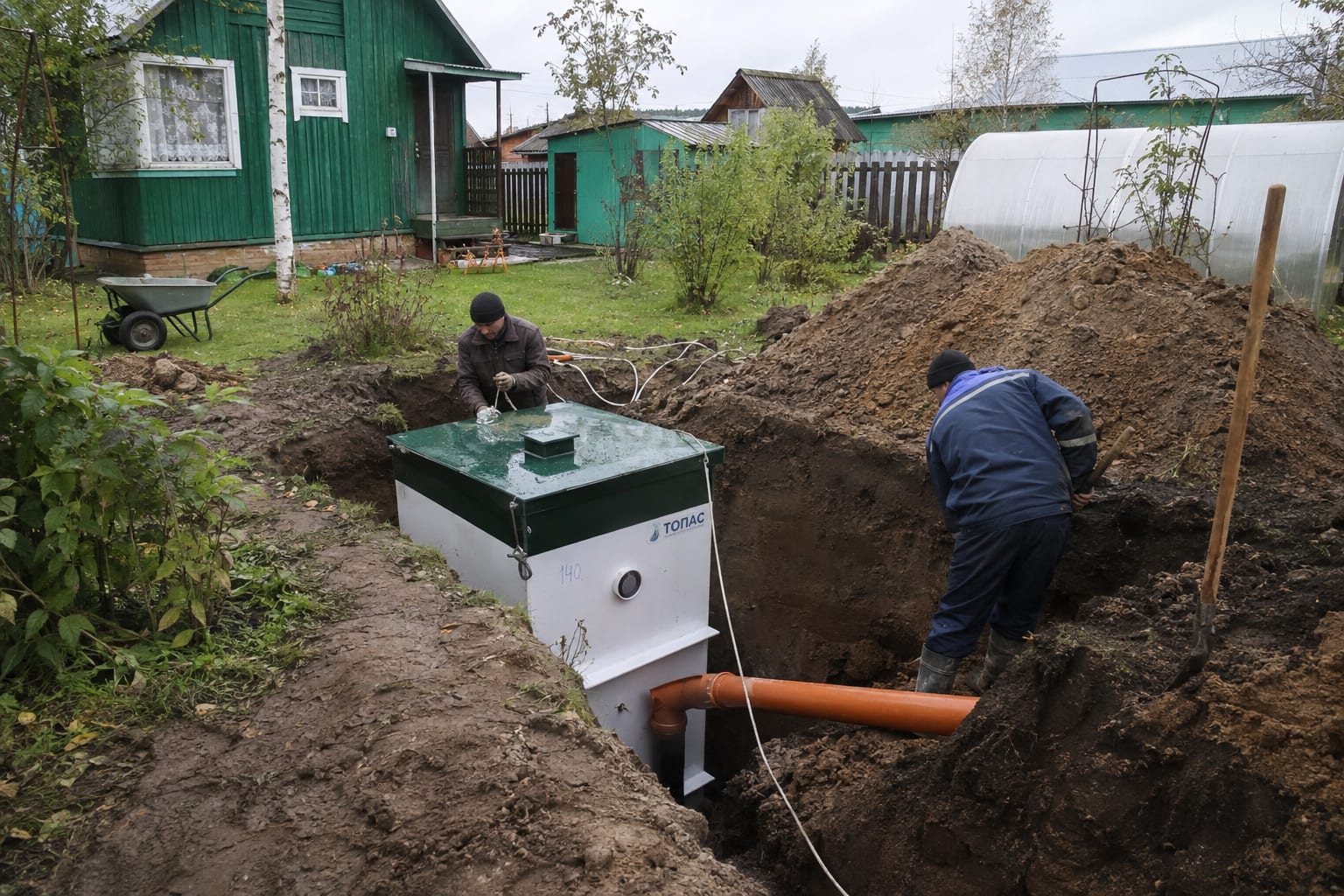 Монтаж септика Топас на дачном участке с зелёным домом